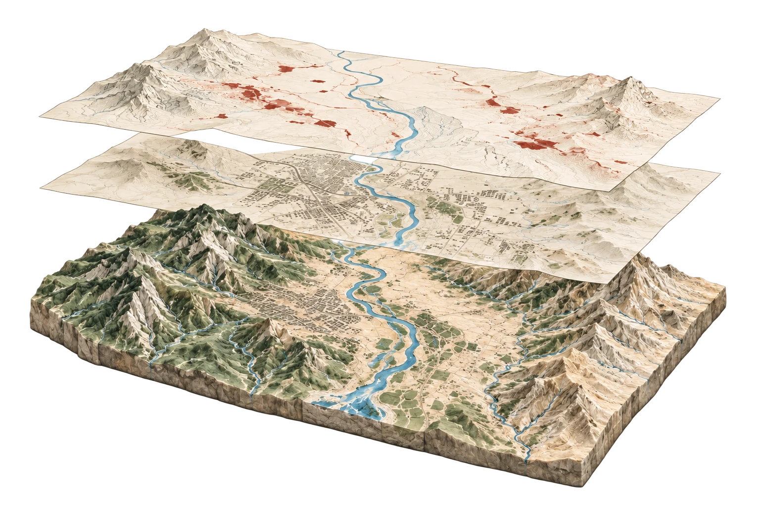 Illustrative relief landscape with translucent settlement and change layers lifted above it