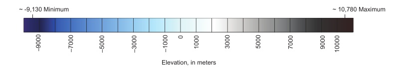 Original elevation legend, in metres relative to a 1,737.4 km reference sphere: approximately −9,130 to +10,780 metres