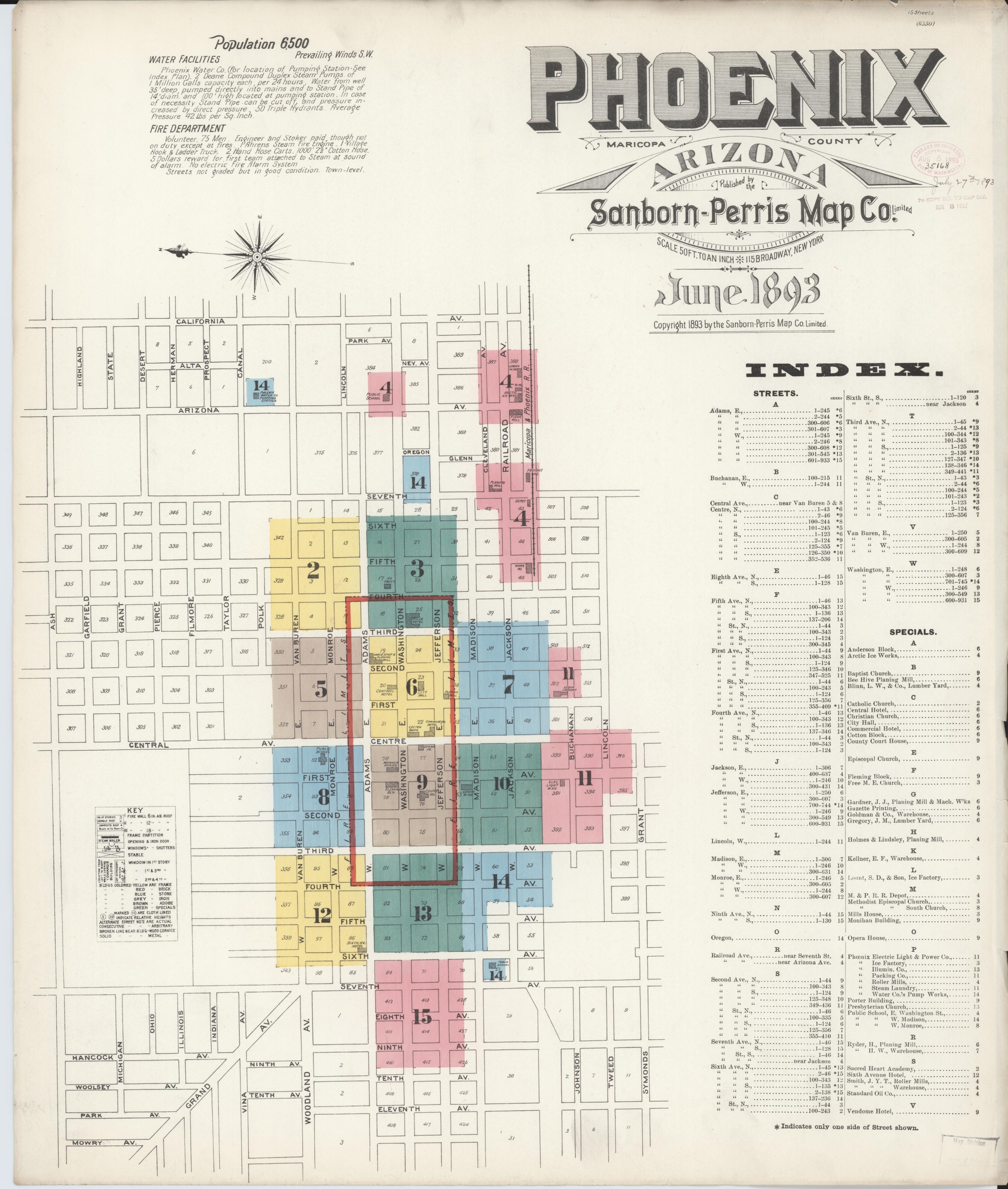 Phoenix title sheet and graphic index for the June 1893 Sanborn edition, with colored sheet coverage and its original symbol key.